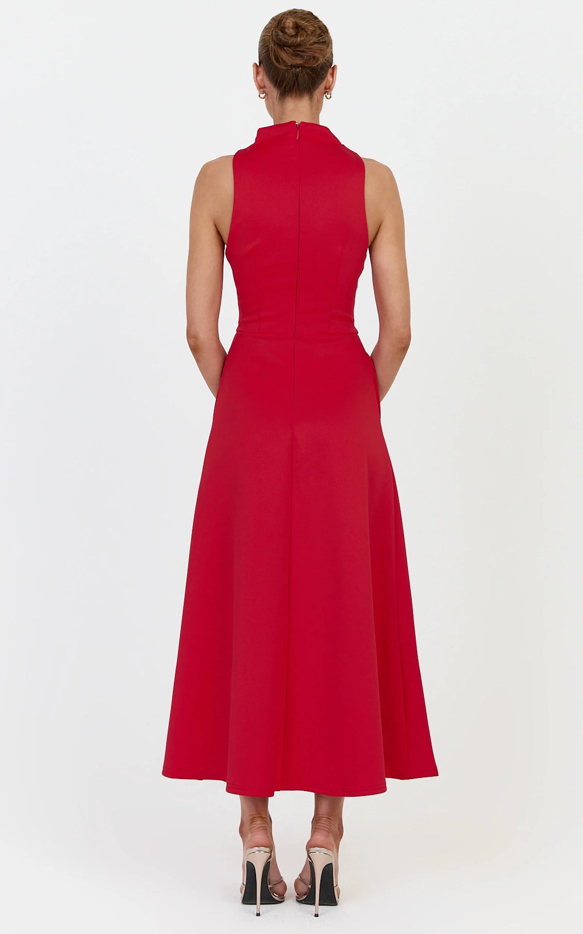 Macy Midi Dress - High Neck A Line Dress in Red