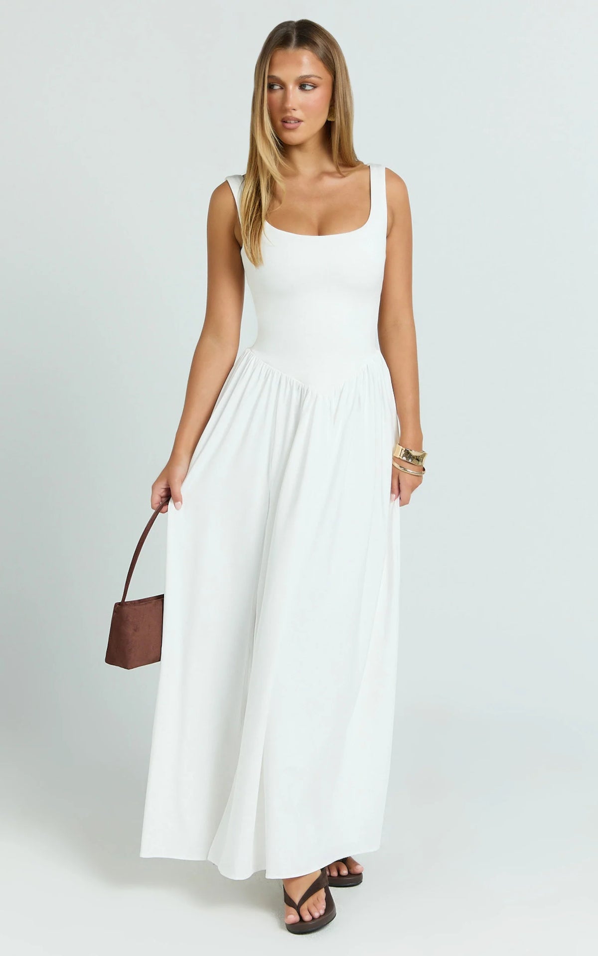 Gail Maxi Dress - Jersey Scoop Neck High Split Dress in White