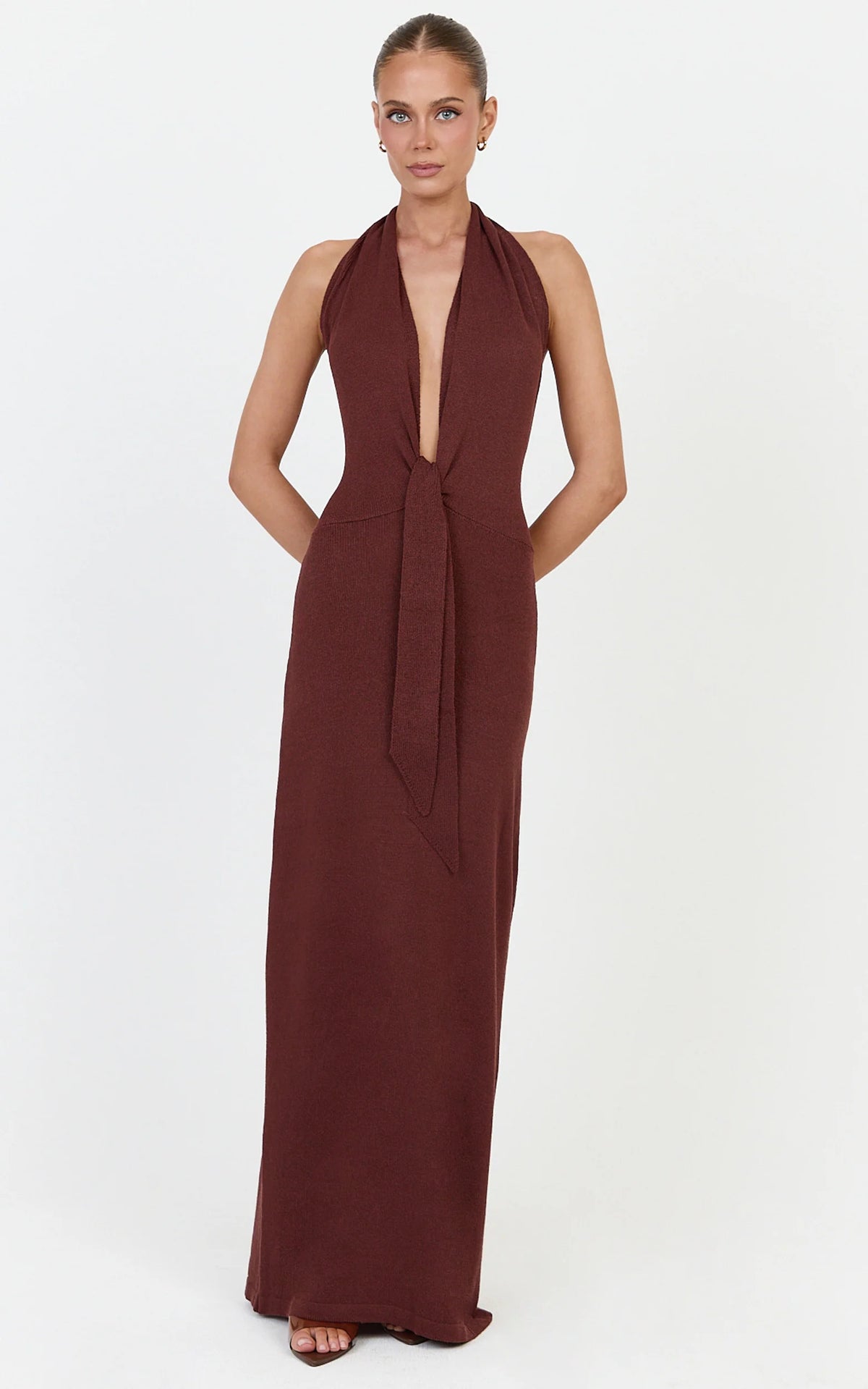Florence Maxi Dress - Halterneck Tie Detail Knit Dress in Chocolate