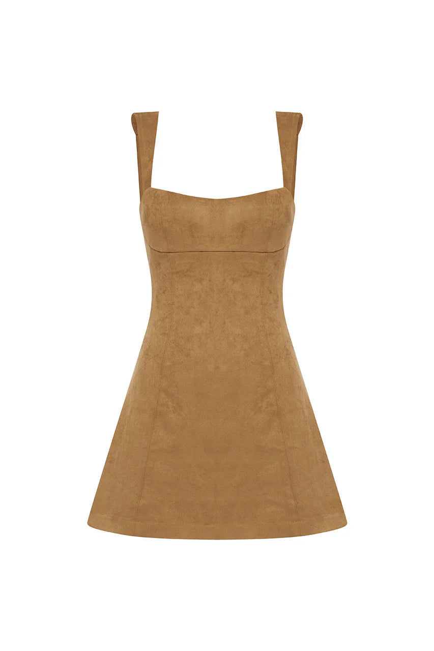 ZAELA SQUARE NECK FITTED MINI DRESS - TAN