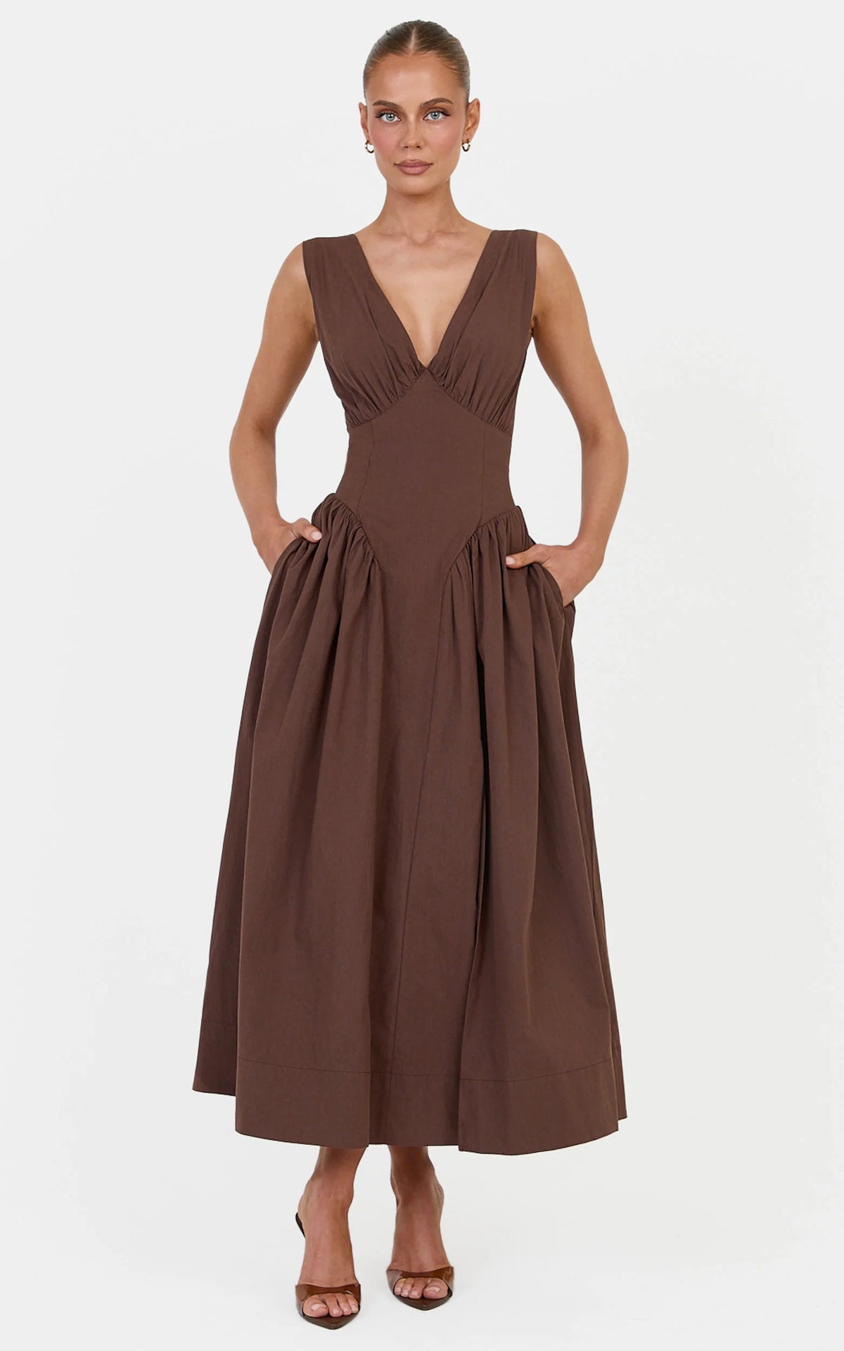 Melody Midi Dress - Cotton V Neck A Line Dress in Chocolate