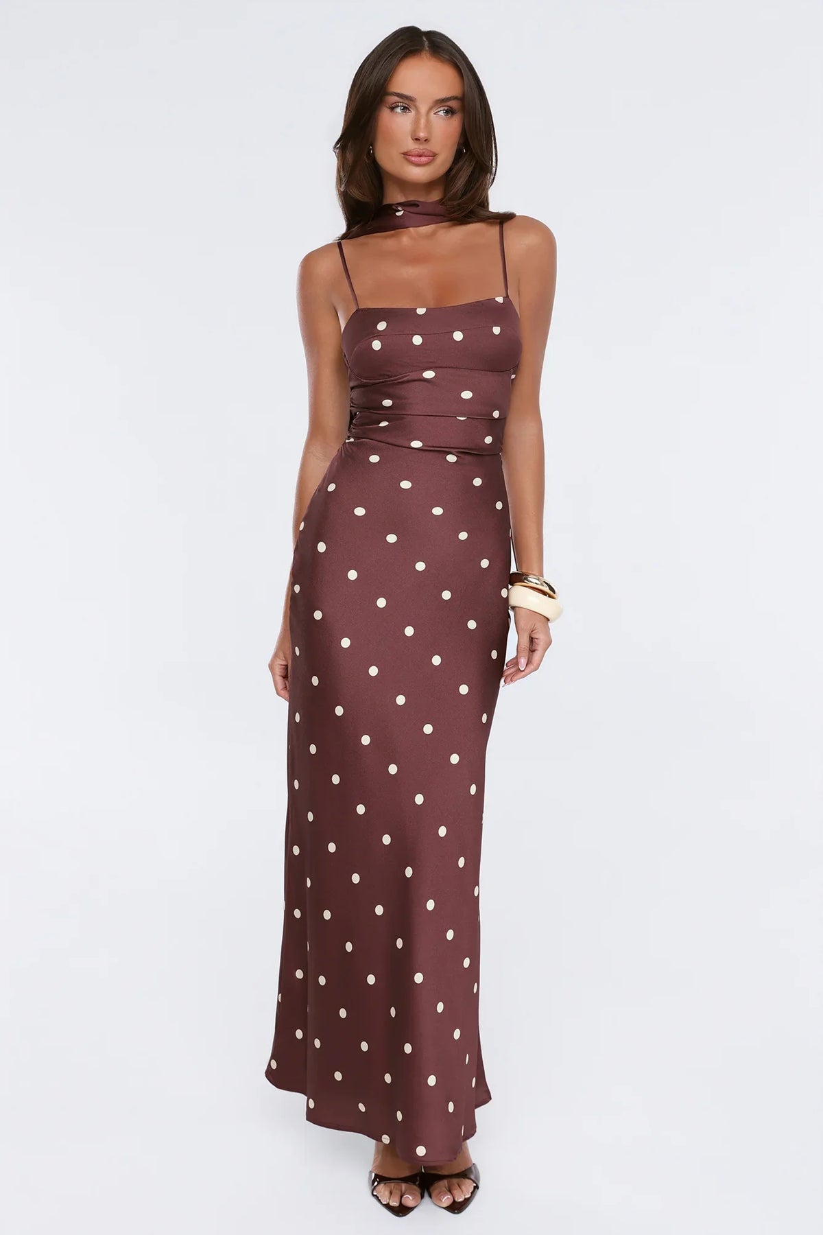 Bloom Star Polka Dot Satin Strapless Maxi Dress Brown
