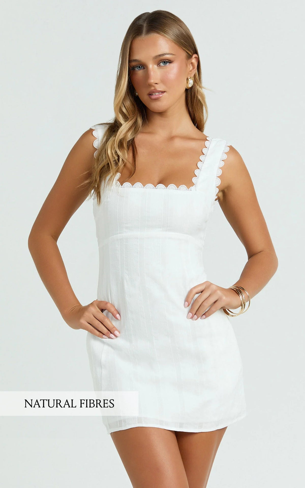 Sylvia Mini Dress - Square Neck Lace Trim A Line Mini Dress in White