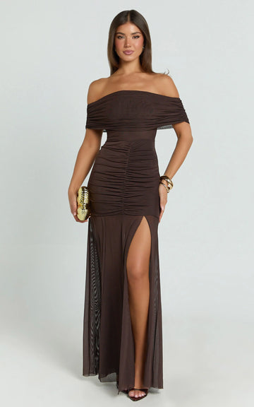 Alanna Maxi Dress - Off Shoulder Ruched Mesh Dress in Chocolate