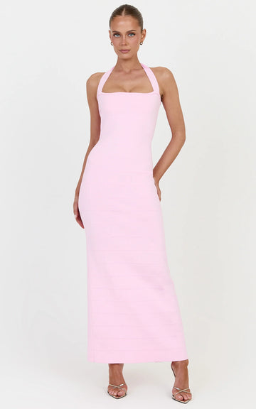 Scarlett Midi Dress - Halter Neck Bandage Knit Dress in Pink