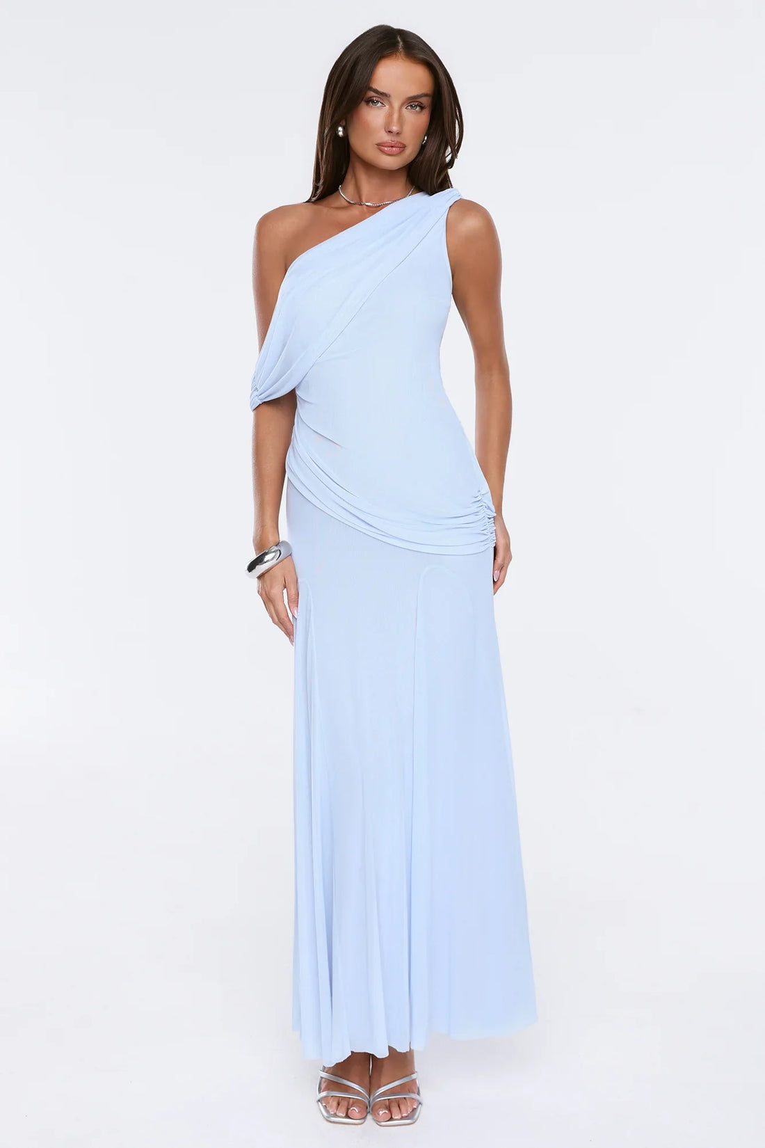 The Influencer Mesh One Shoulder Maxi Dress Blue