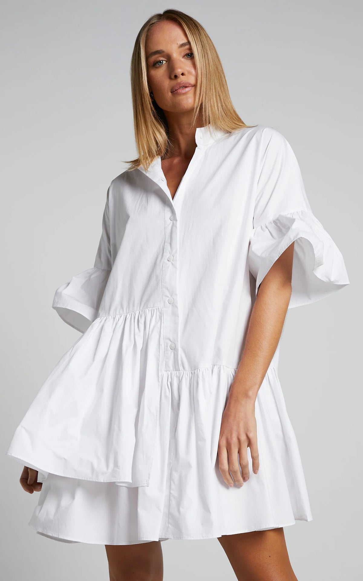 Elowen Mini Dress - Button Up Asymmetrical Tiered Smock Dress in White