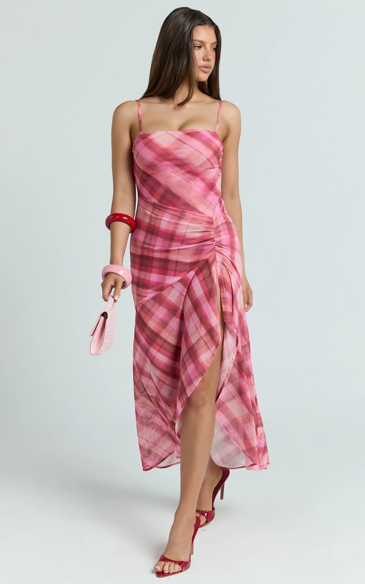 Pascal Midi Dress - Mesh Spaghetti Strap Split Dress in Cherry Check Print
