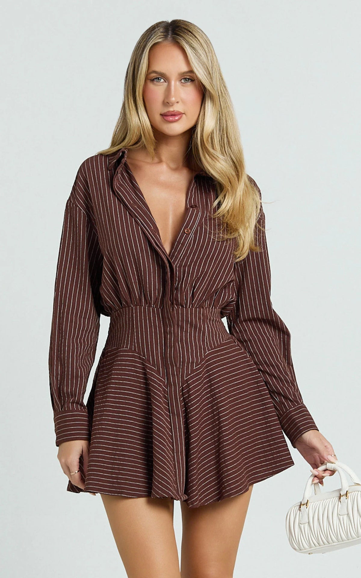 Whitney Mini Dress - Linen Long Sleeve Shirt Dress in Chocolate Pinstripe