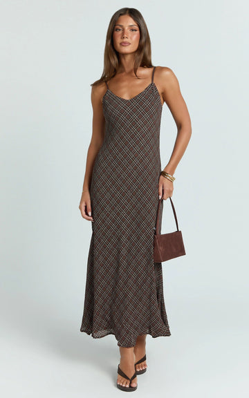 Revie Midi Dress - Slip Dress in Brown