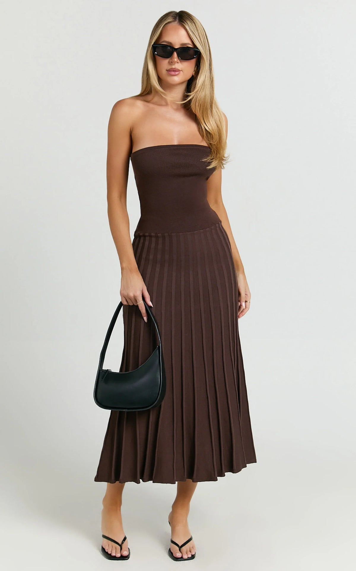Paris Midi Dress - Strapless Drop Waist Pleated Knit Dress in Chocolate