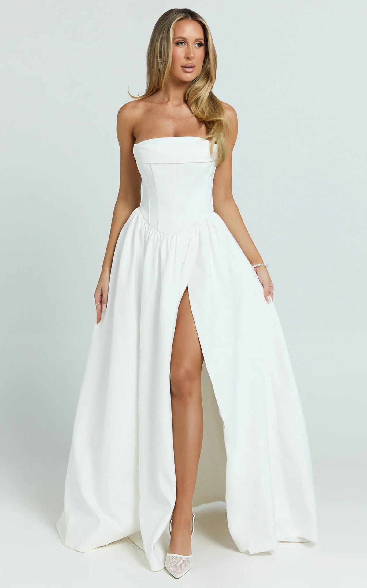 Jeannie Maxi Dress - Corset Panel High Split Dress in Off White