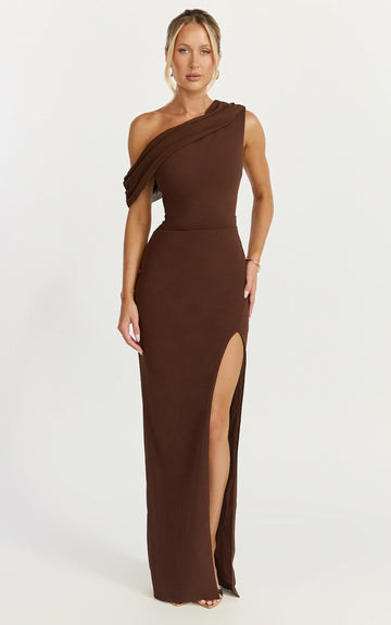 Helen Maxi Dress - One Shoulder Draped Fitted Dress in Chocolate