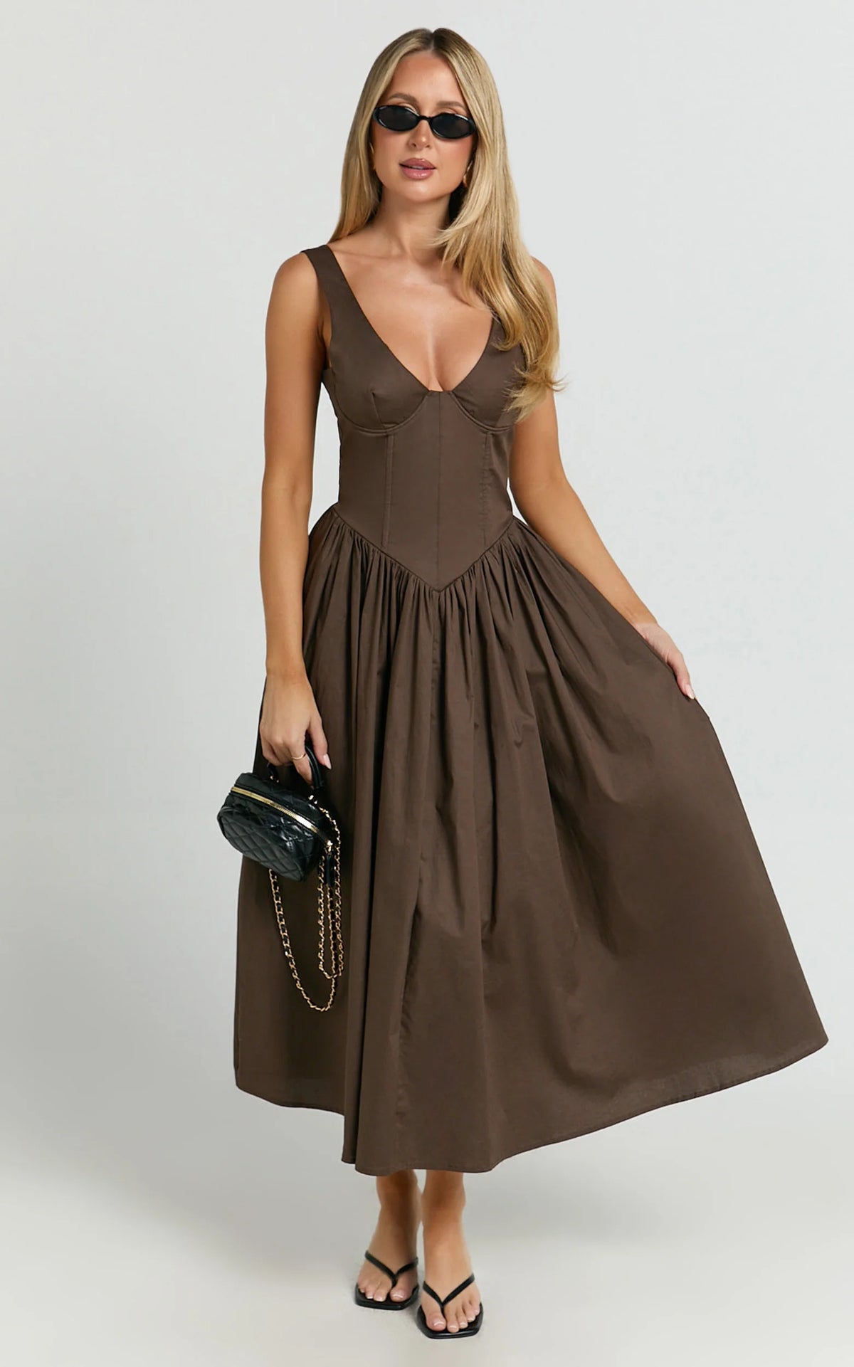 Beckett Midi Dress - Scoop Neck Drop V Waist Gathered Skirt Dress in Dark Chocolate