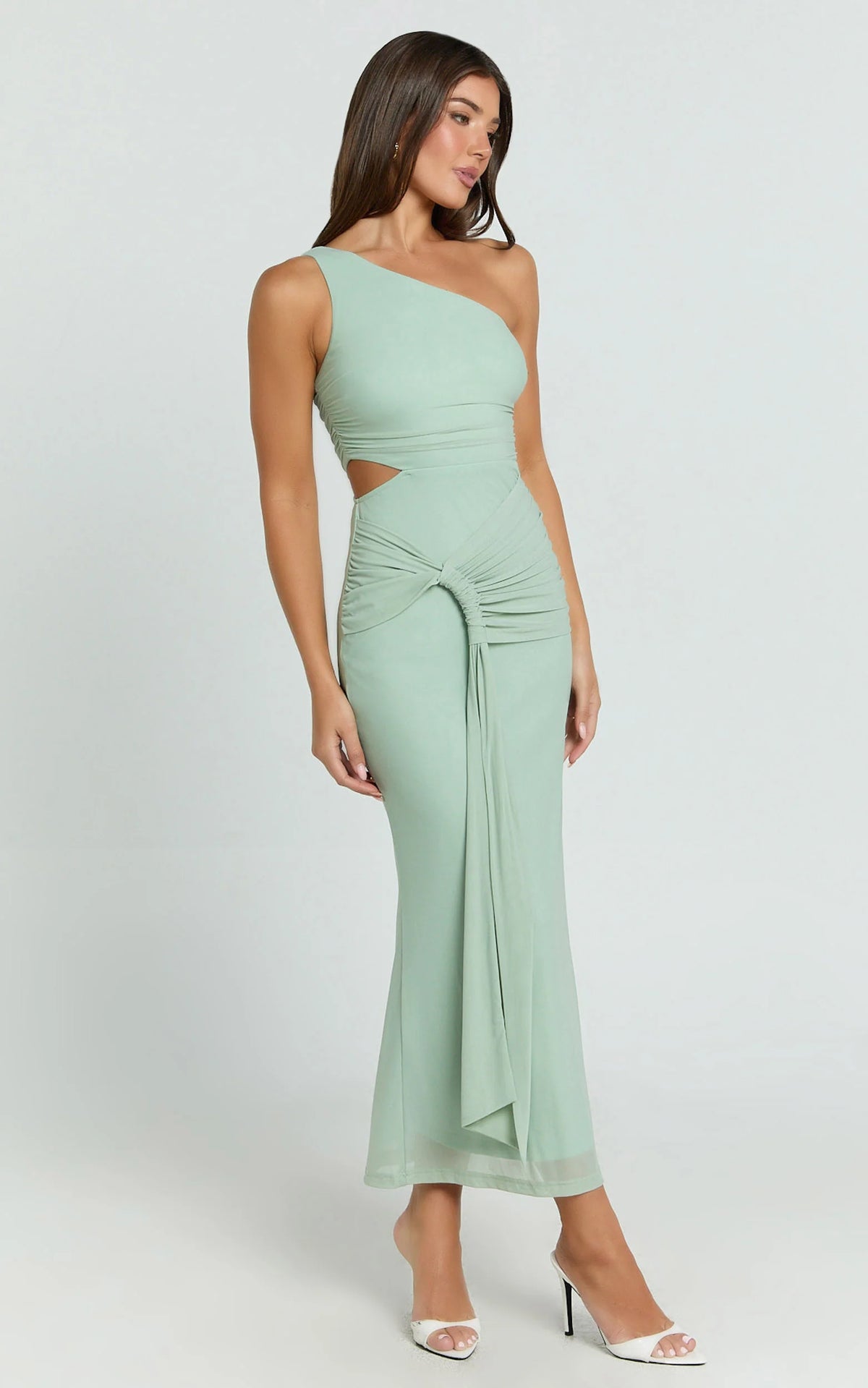 Mandy Midi Dress - Knot Detail Cut Out Mesh Dress in Sage