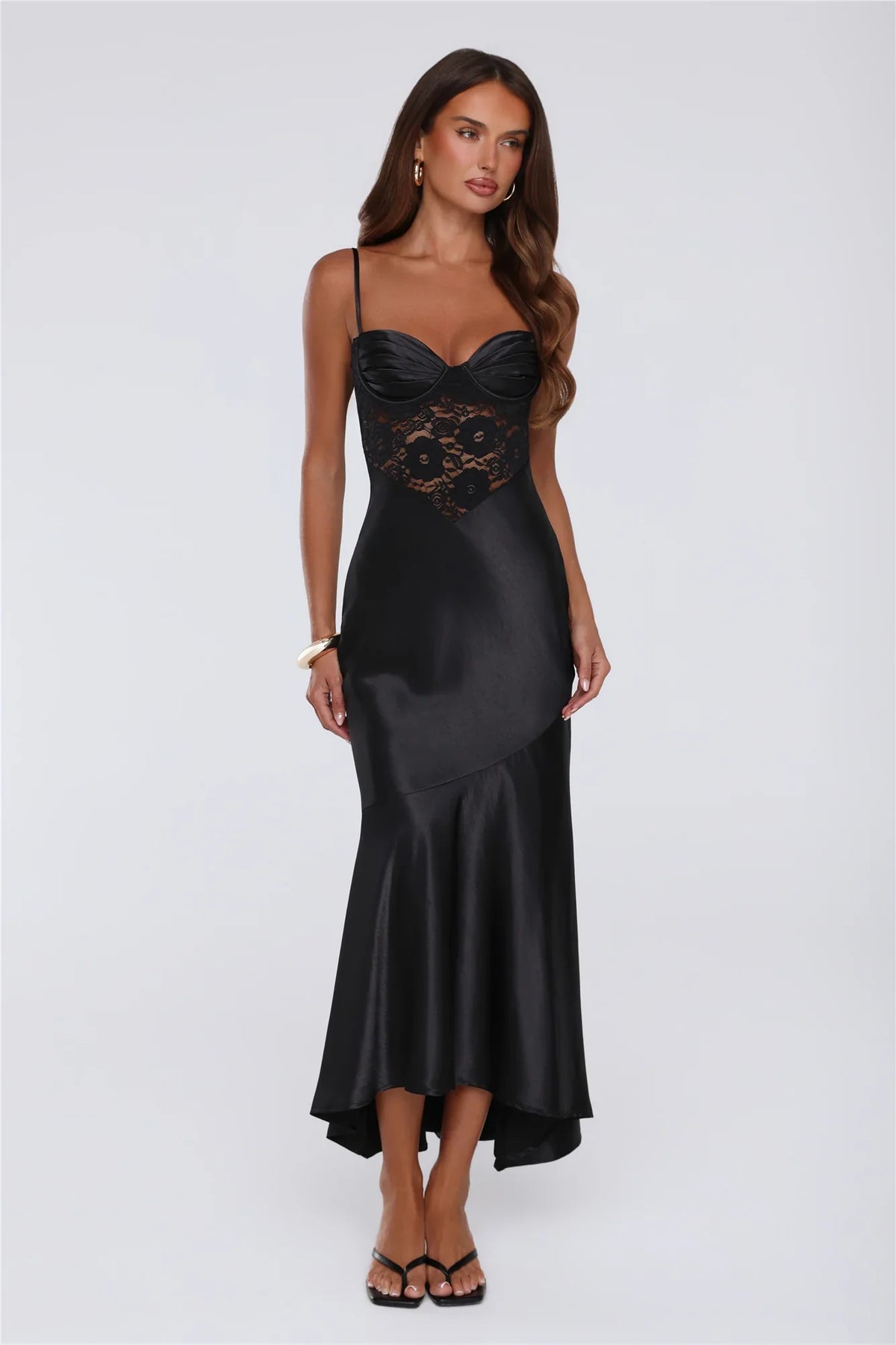 Sultry Horizon Satin Lace Maxi Dress Black