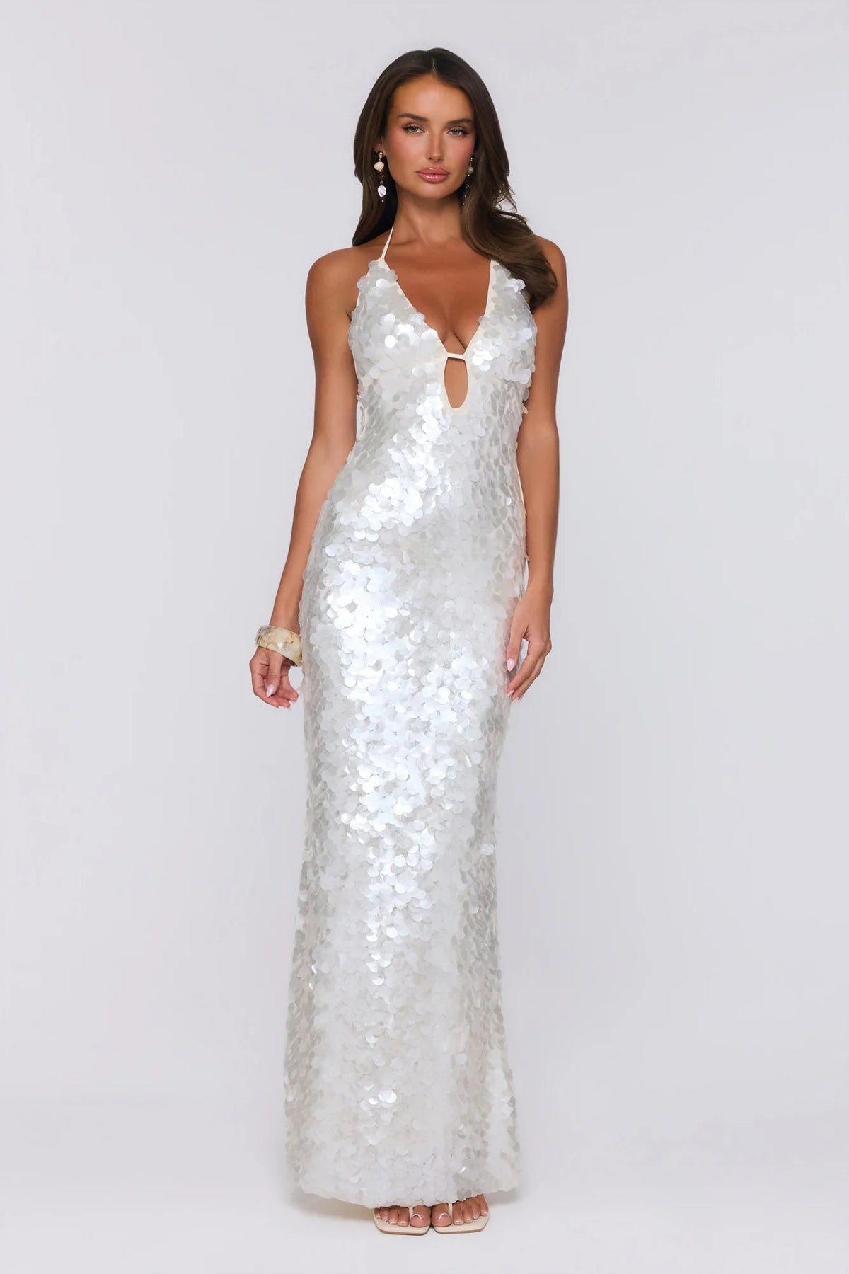 Sparkling Affair Sequin Halter Maxi Dress Ecru White