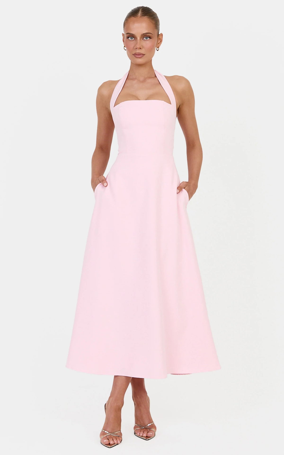Karissa Midi Dress - Halter Neck Fit and Flare Midi Dress in Baby Pink