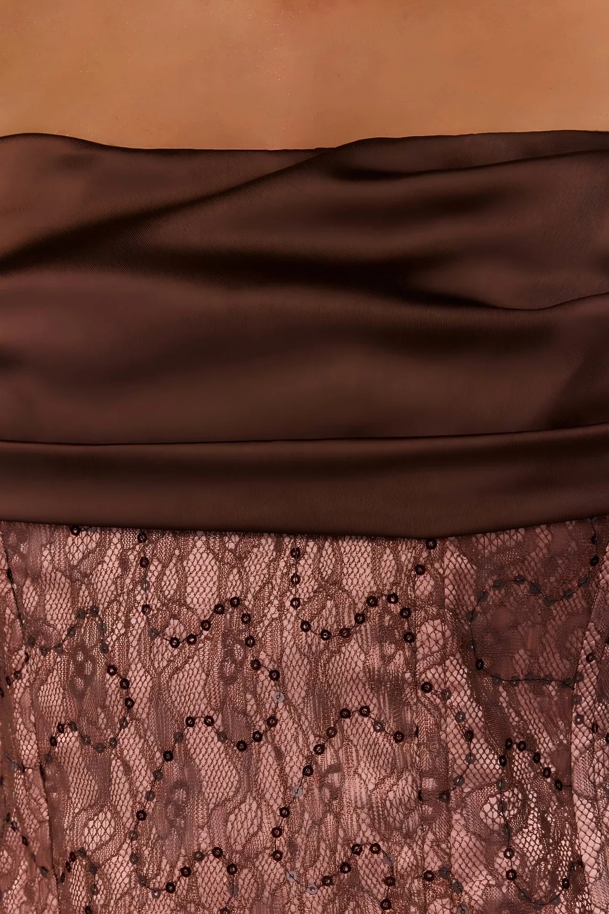 Wave Of Love Strapless Lace Satin Maxi Dress Chocolate