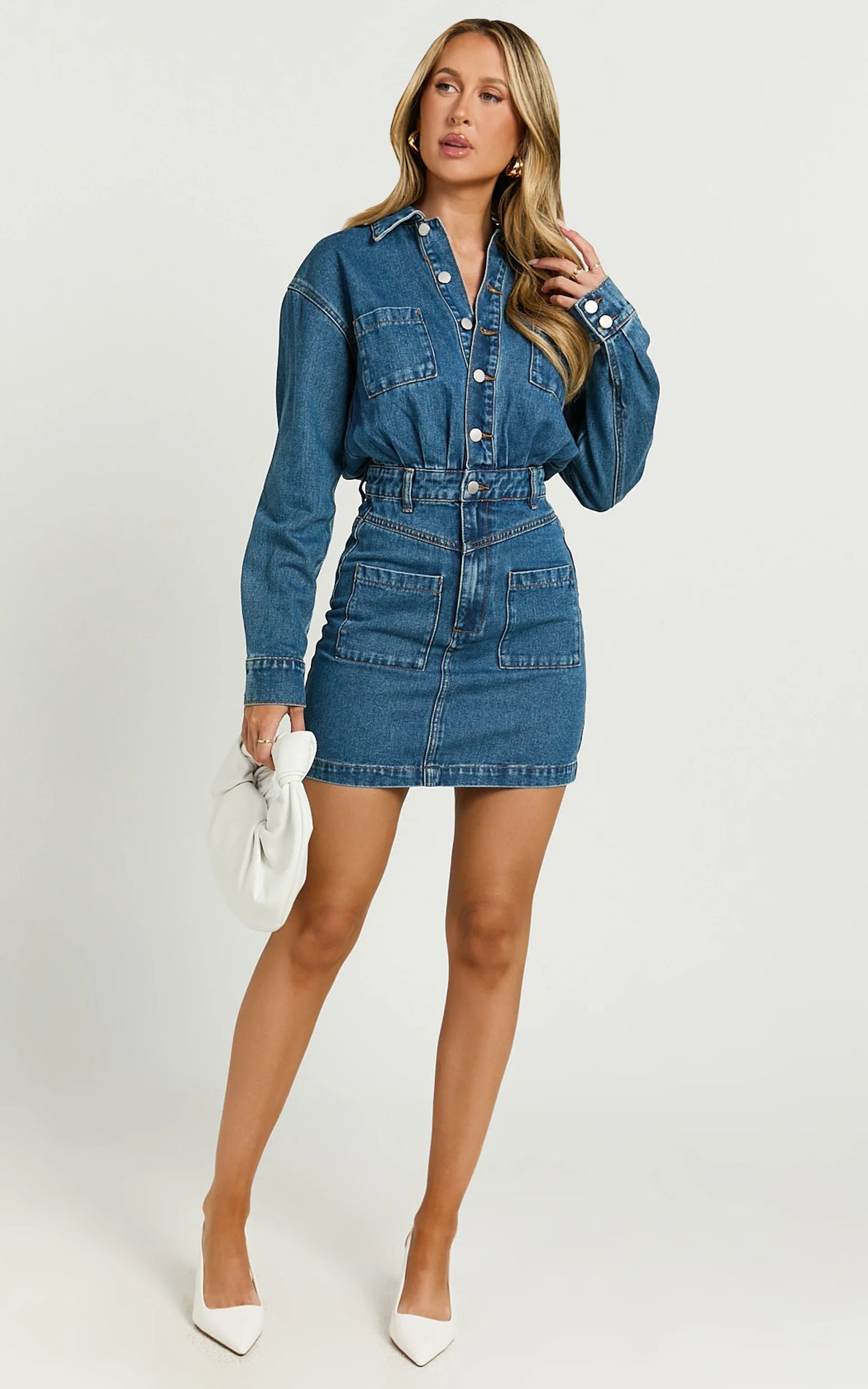 Kamala Mini Dress - Long Sleeve Button Through Denim Dress in Dark Blue Wash