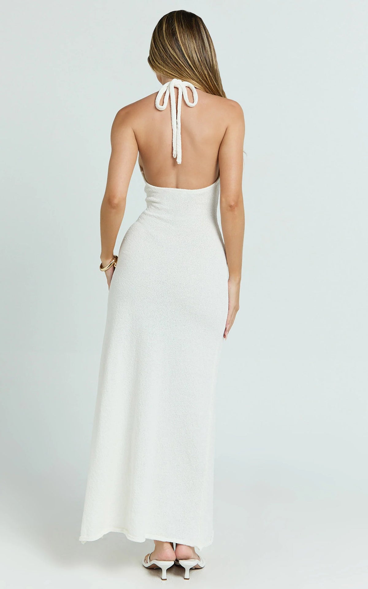 Nikola Midi Dress - Plunge Halter High Split Knit Dress in Cream