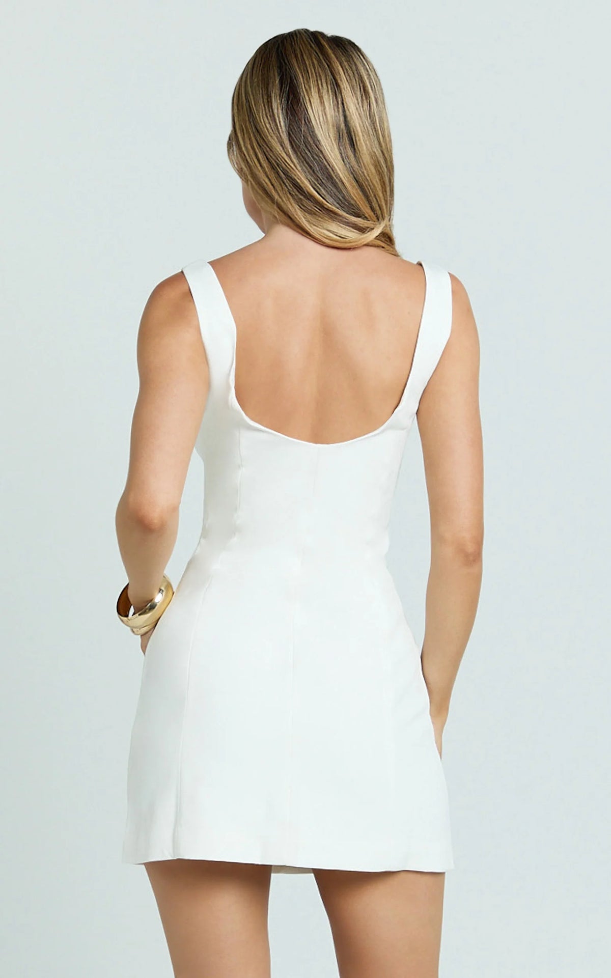 Marcia Mini Dress - Scoop Neck Hook And Eye Front Bodice Fitted Dress in Cream