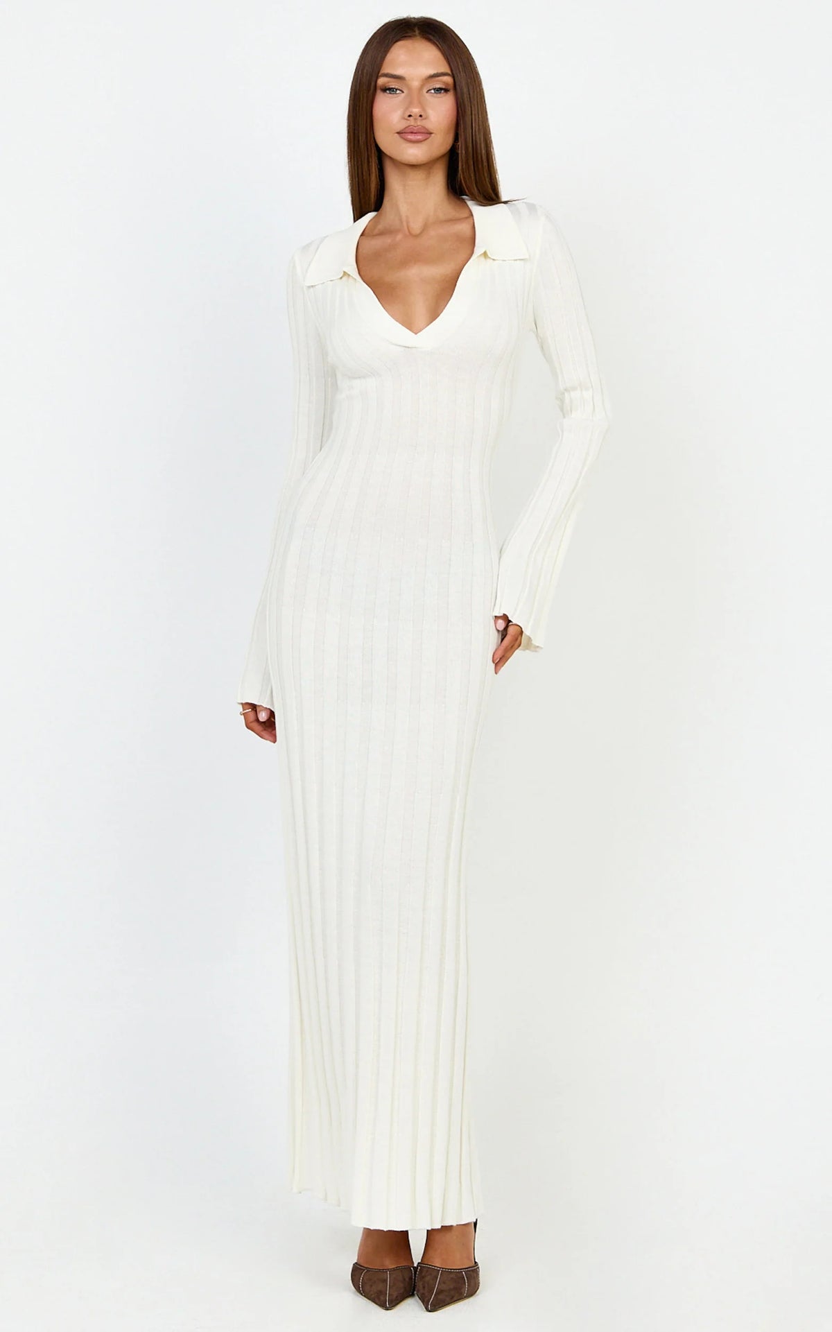 Pamela Midi Dress - Ribbed Knit Poli Midi Dress in Off White