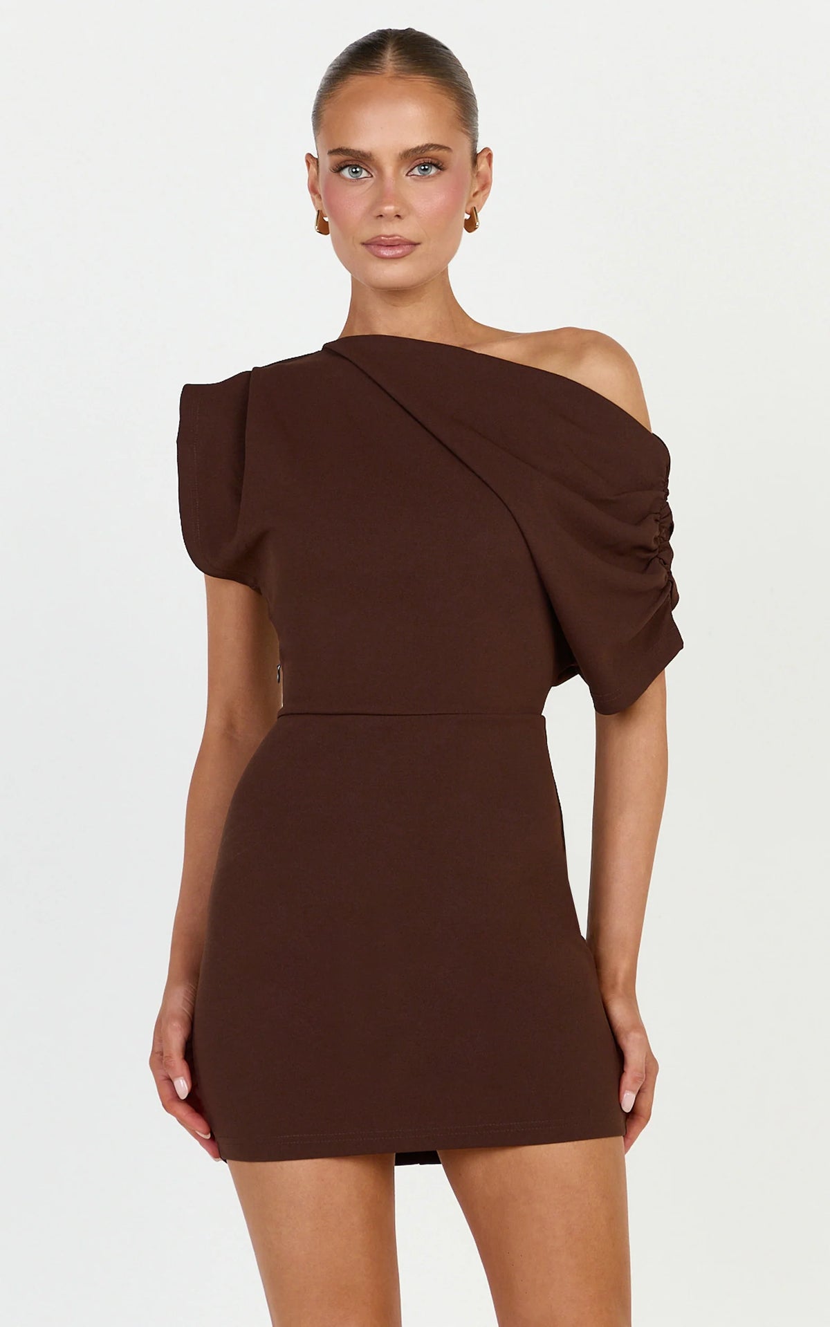 Nalfie Mini Dress - Tipped Shoulder Jersey Drape Dress in Chocolate