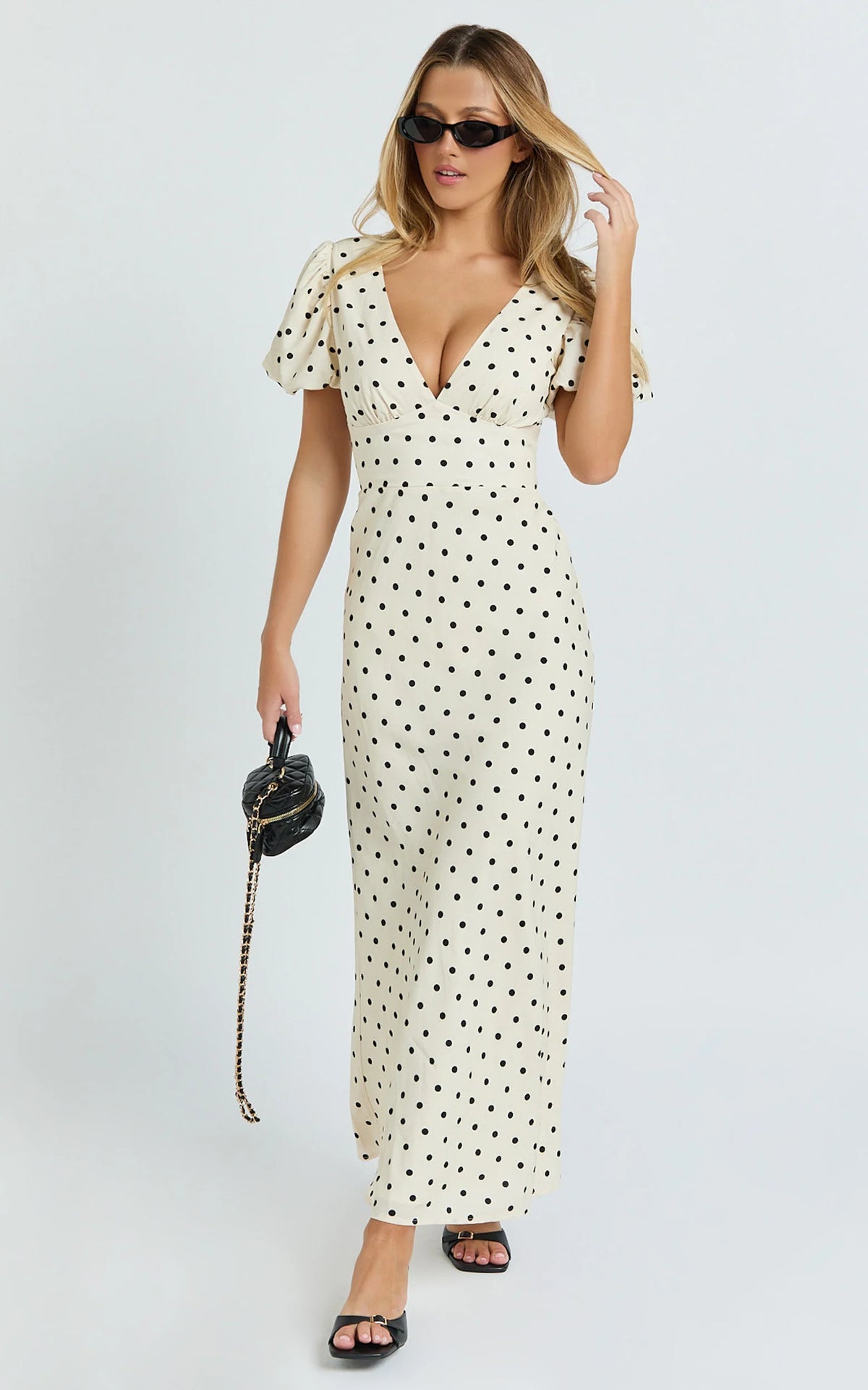 Elise Midi Dress - V Neck Puff Sleeve Dress in White Polka Dot