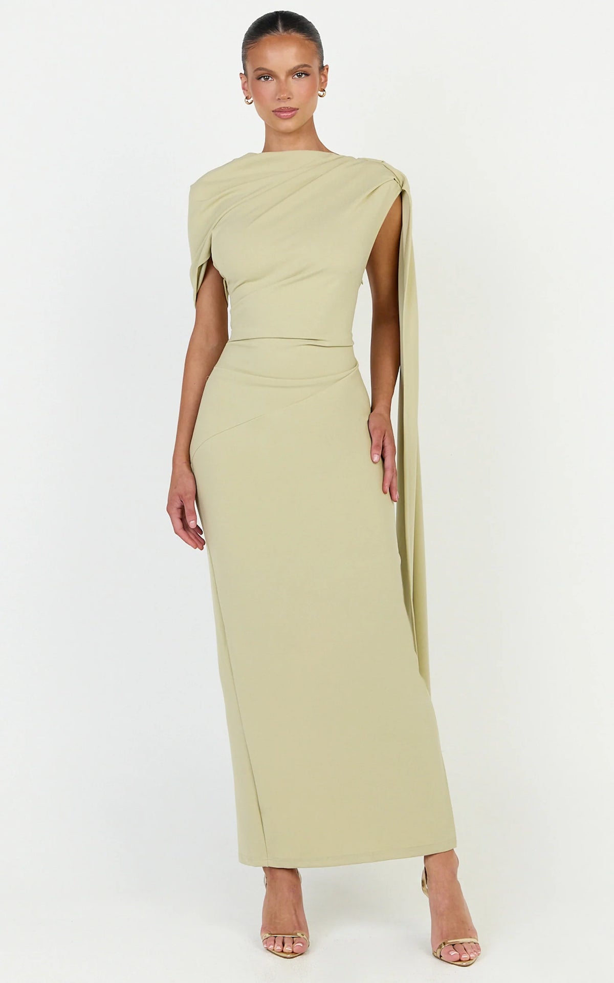 Visenta Midi Dress - Asymmetrical Sleeve Dress in Sage