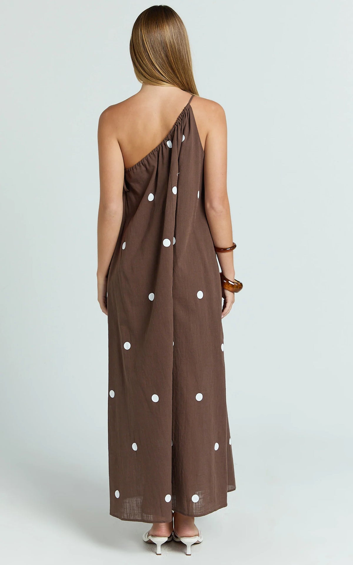 Gia Midi Dress - One Shoulder Dress in Chocolate Polka Dot