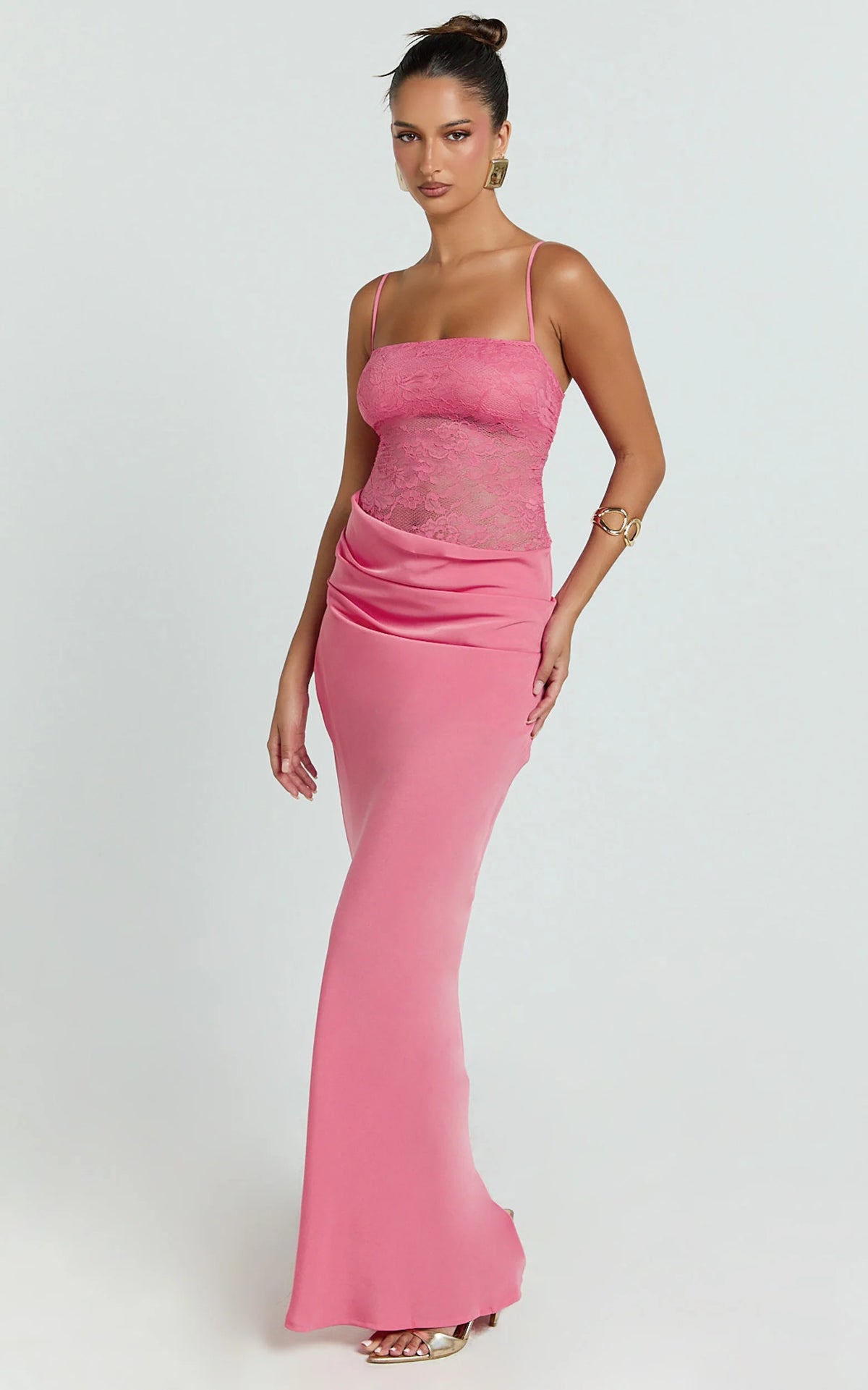 Rania Maxi Dress - Contrast Lace Bodice Bias Cowl Drop Waist Dress in Dark Pink