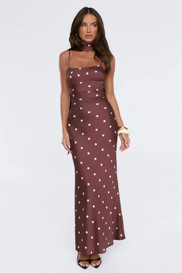Bloom Star Polka Dot Satin Strapless Maxi Dress Brown