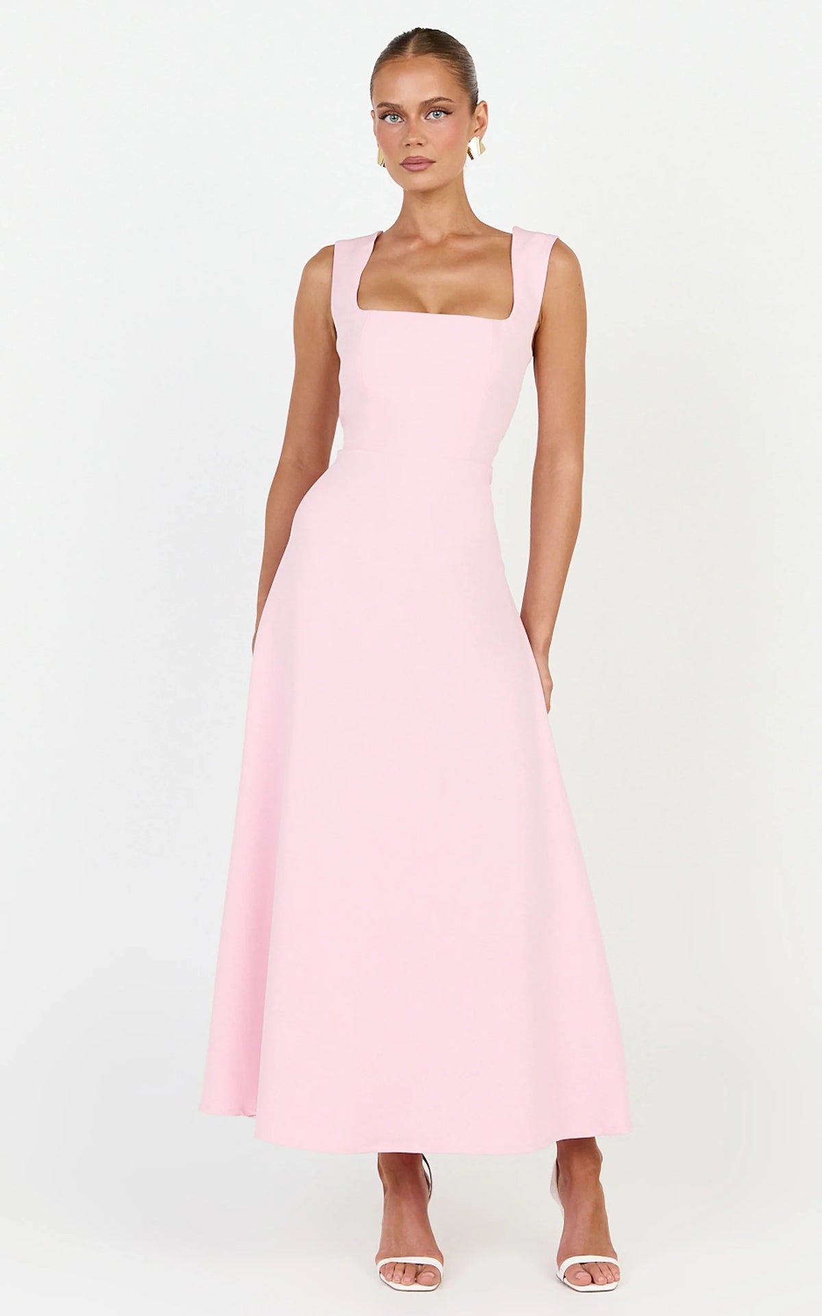 Zinnia Midi Dress - Square Neck A Line Dress in Pink