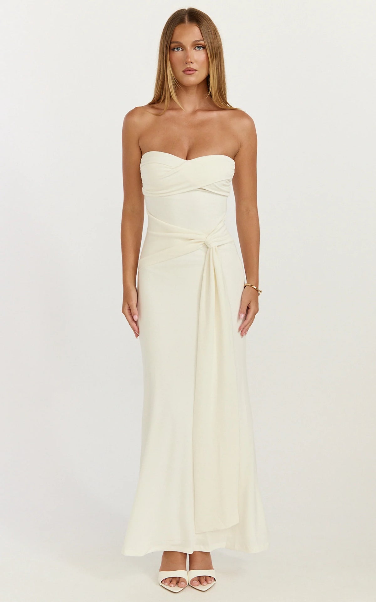Aria Midi Dress - Strapless Tie Waist Dress in Off White