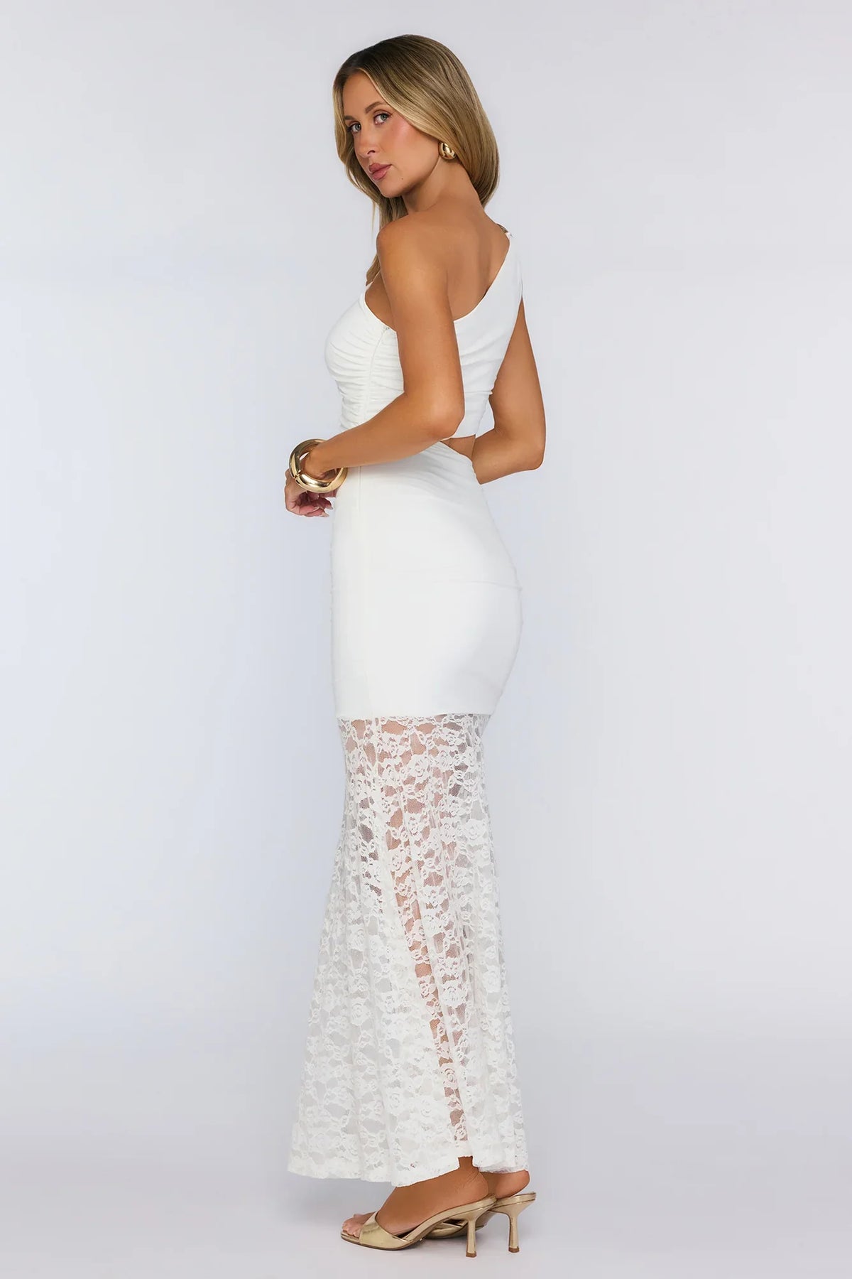 Styled Studio One Shoulder Lace Maxi Dress White