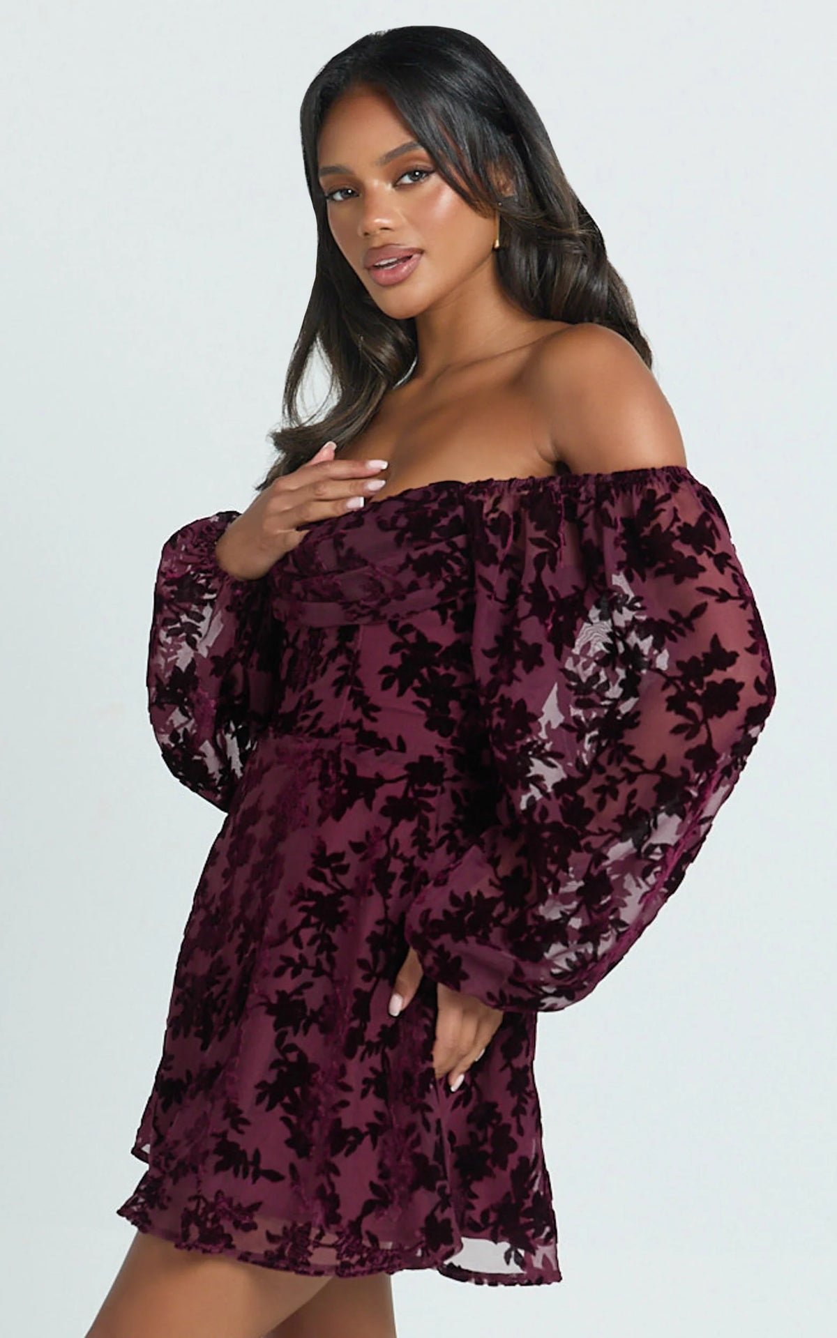 Jessell Mini Dress - Long Sleeve Cowl Corset Dress in Wine Burnout