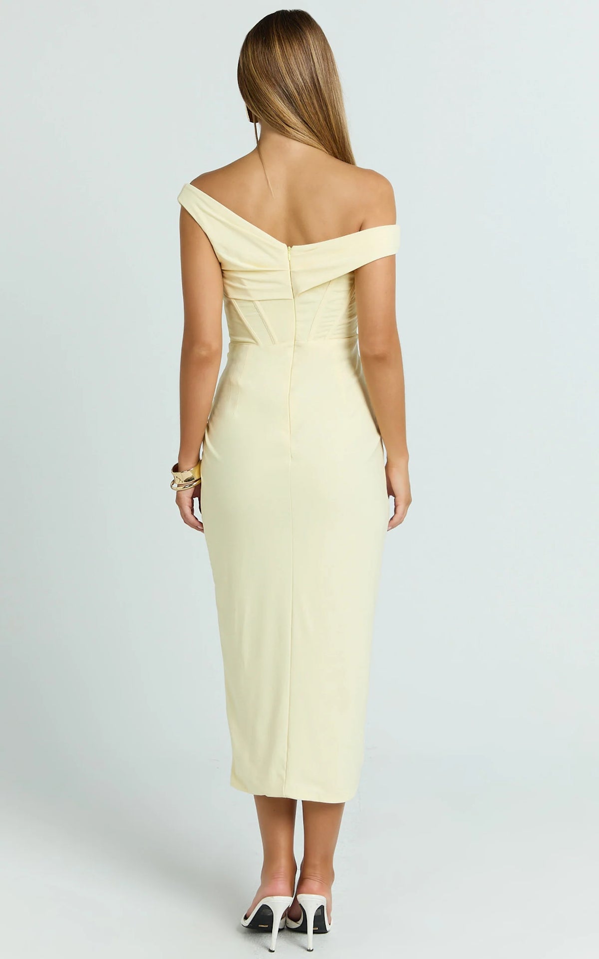 Aidia Midi Dress - Off Shoulder Draped Corset Dress in Lemon