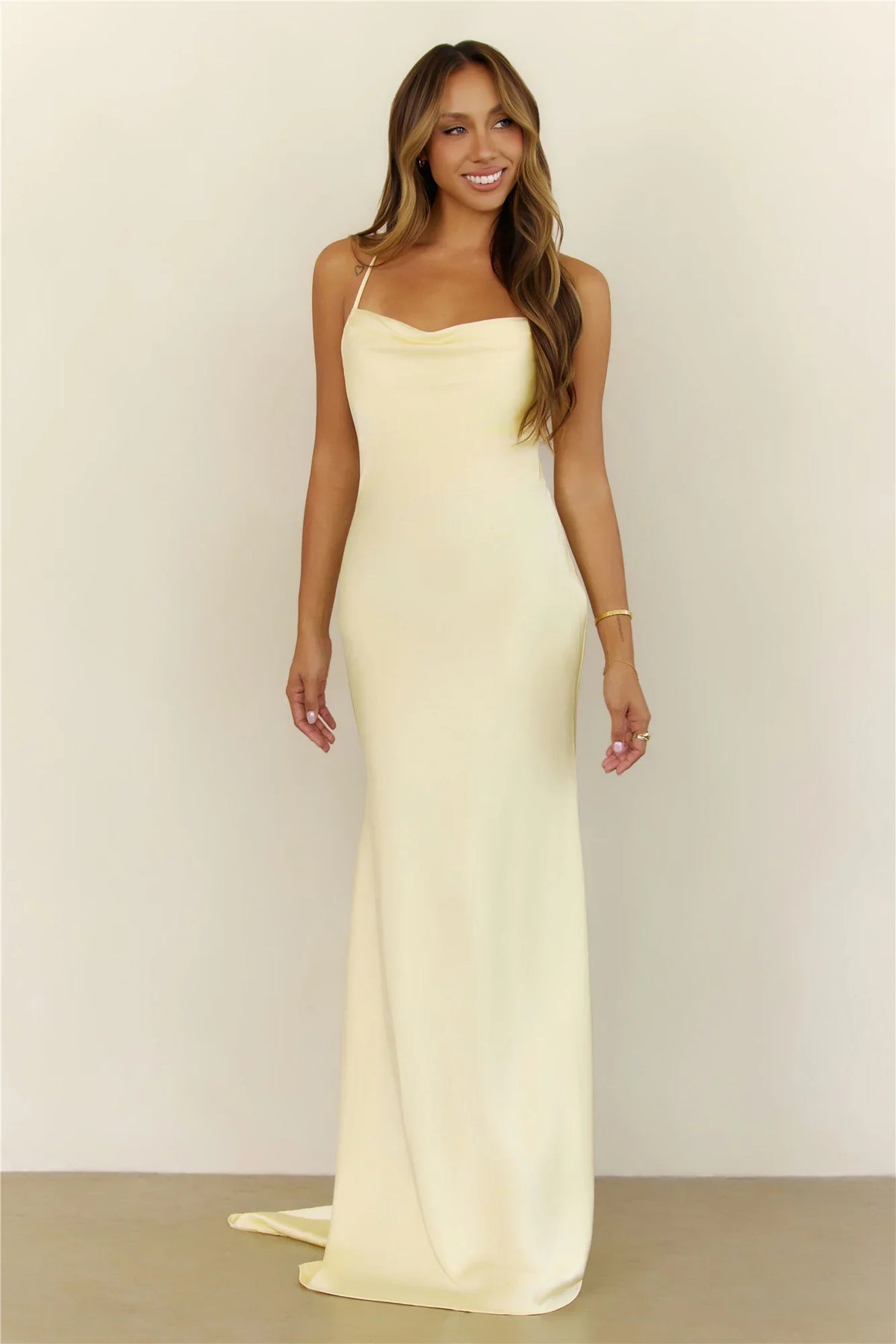 Elegant Glow Satin Cowl Neck Maxi Dress Yellow