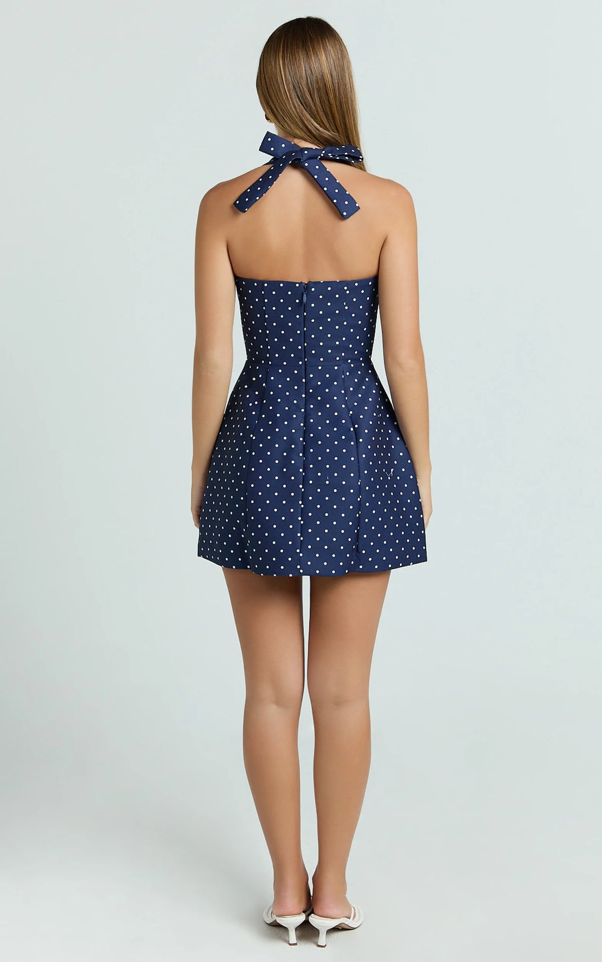 Dante Mini Dress - Halter Neck Tie Tulip Skirt Dress in Navy Polka Dot