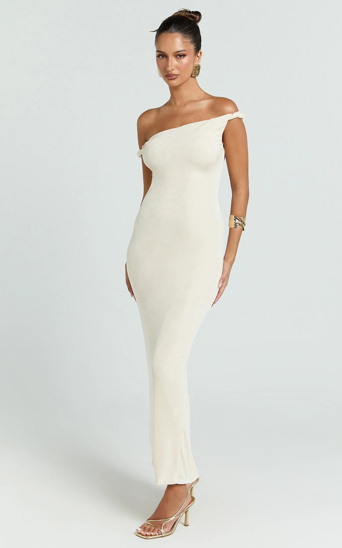 Isabel Midi Dress - Twist Off Shoulder Bodycon Dress in Cream