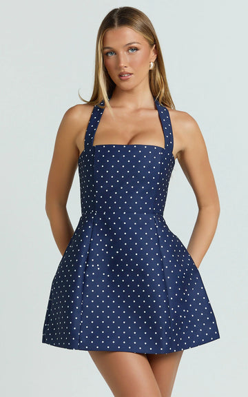 Dante Mini Dress - Halter Neck Tie Tulip Skirt Dress in Navy Polka Dot