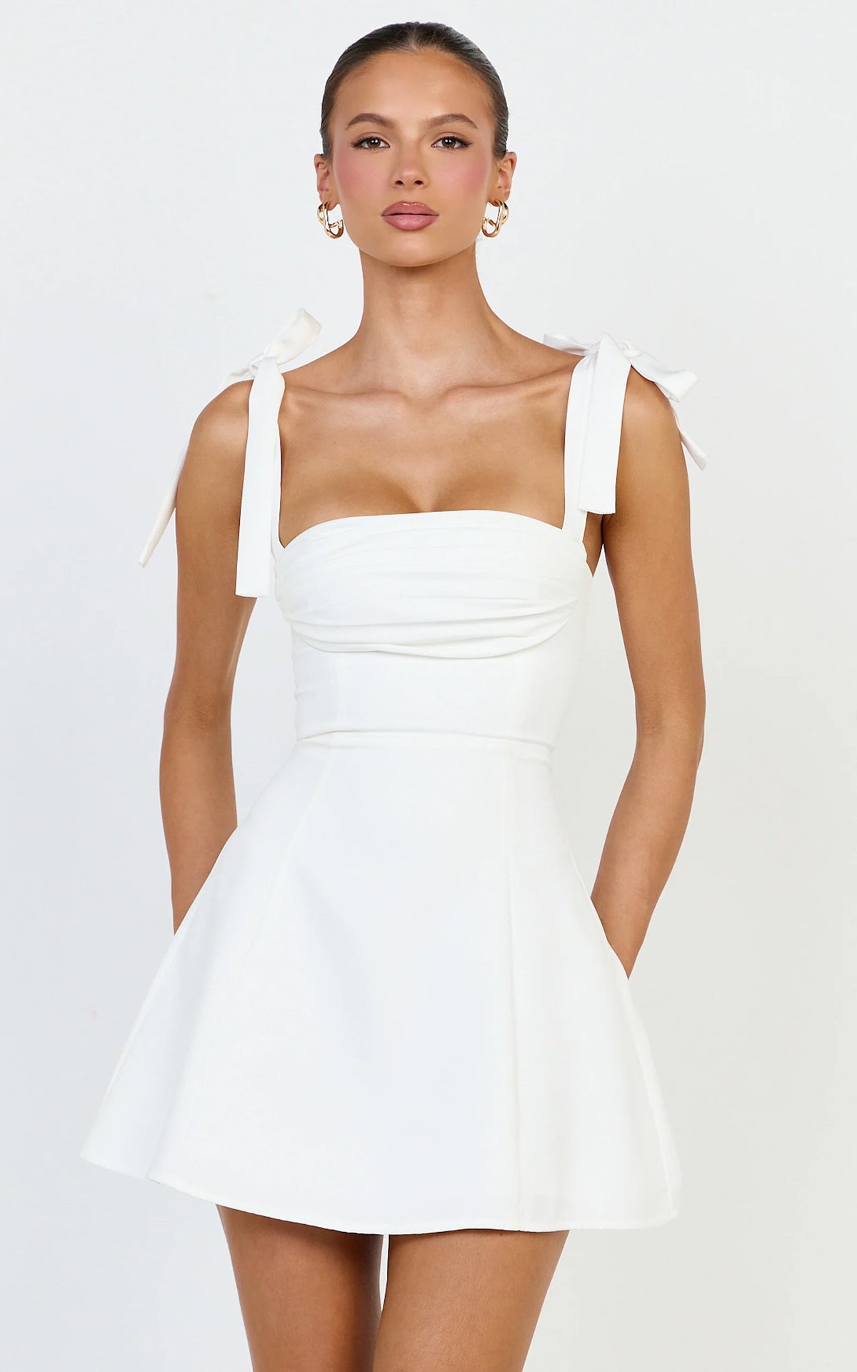 Inez Mini Dress - Gathered Bust A Line Shoulder Tie Dress in White