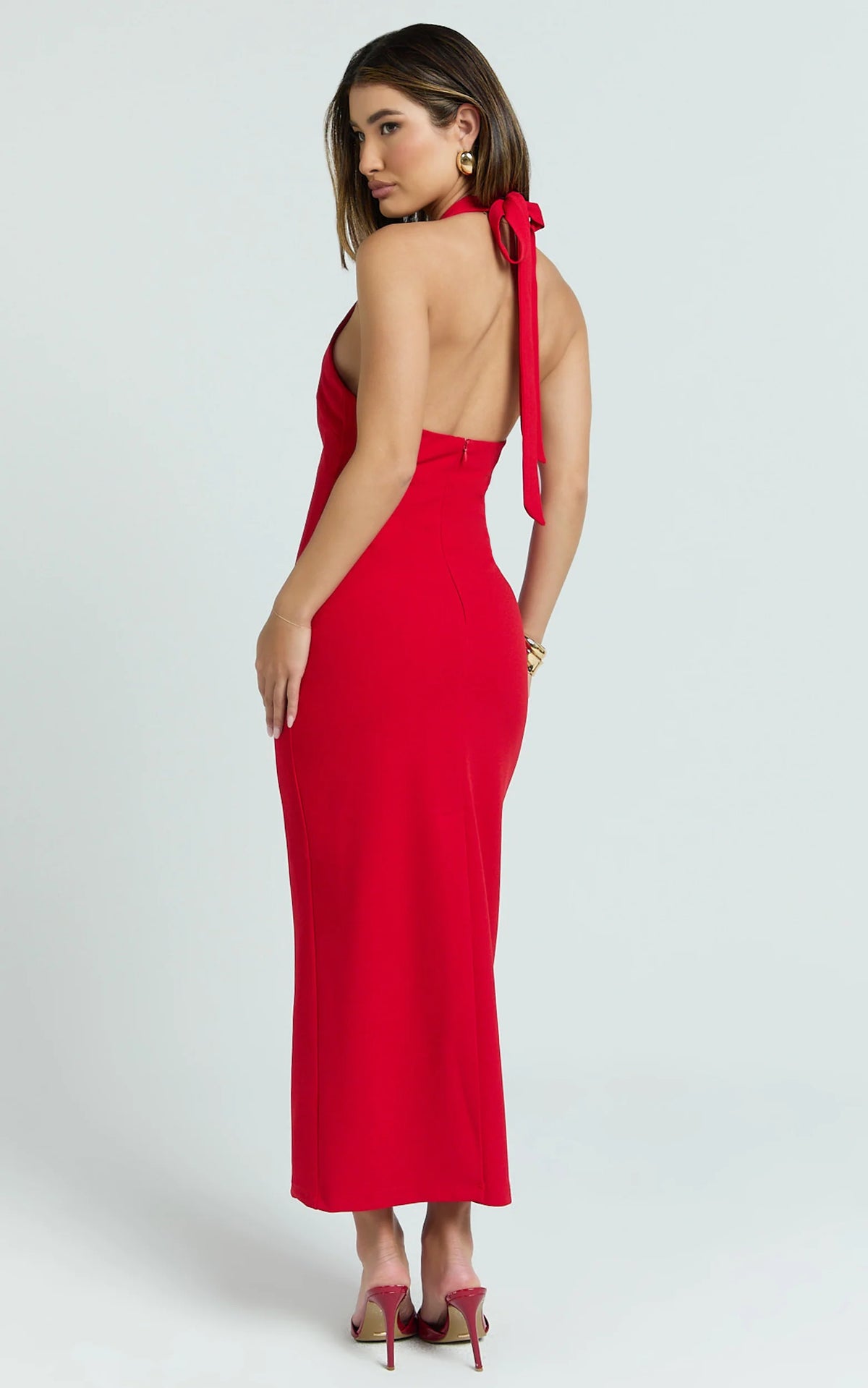 Ricki Maxi Dress - Plunge Halter Low Back Bodycon Dress in Rose Red