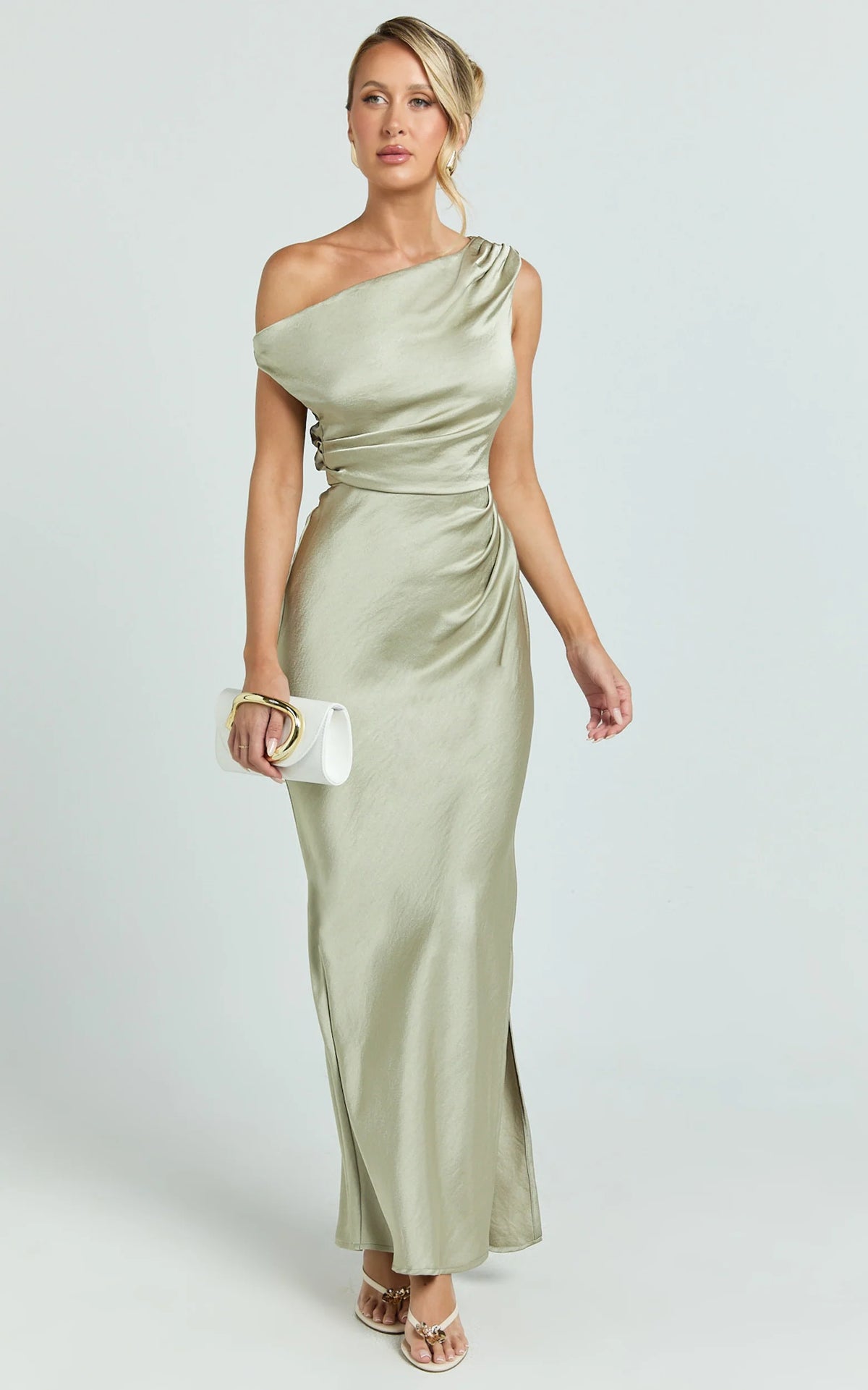 Laurie Maxi Dress - One Shoulder Tie Detail Dress in Light Olive