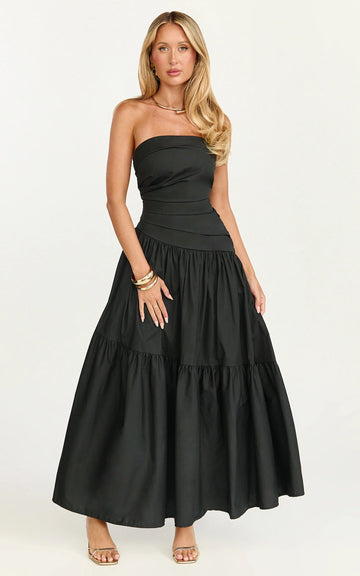 Cora Midi Dress - Strapless Dress in Black