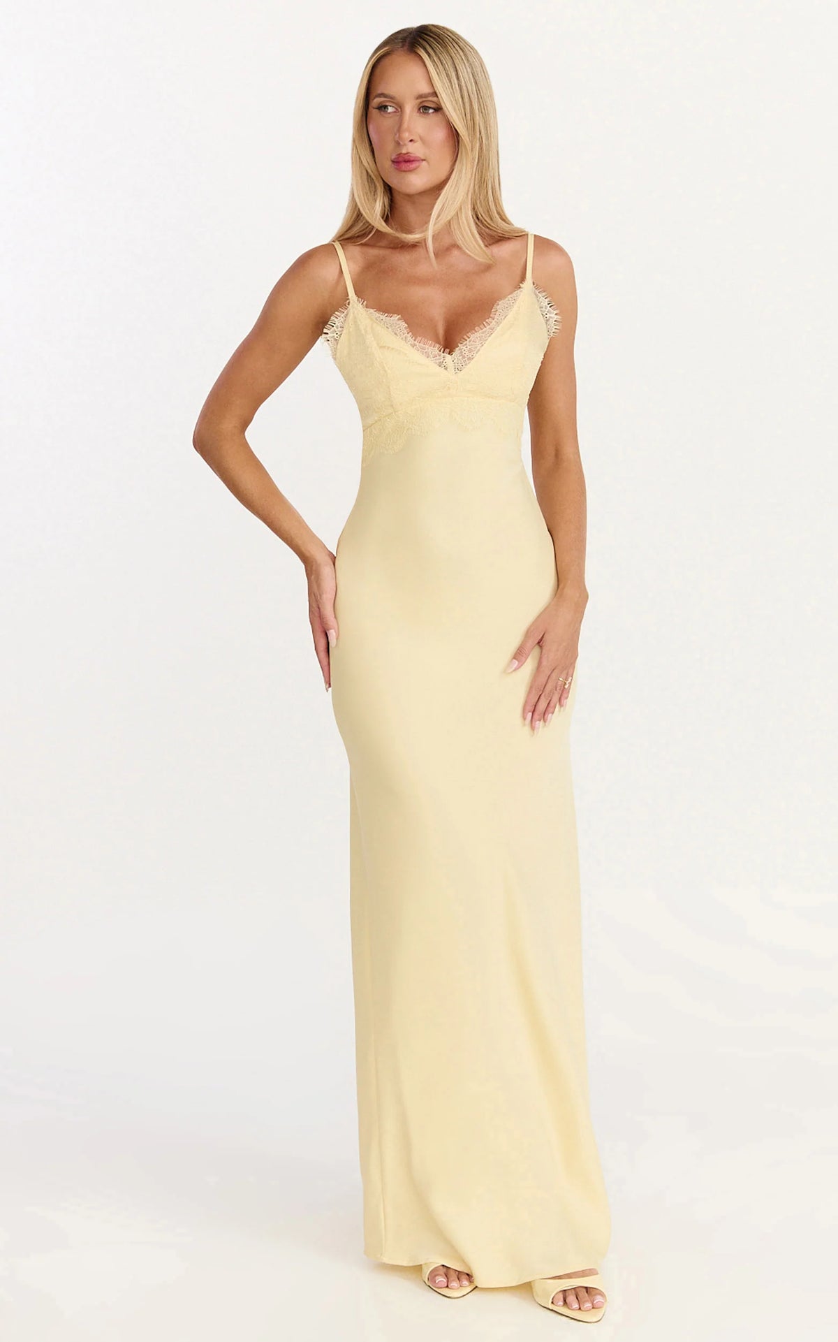 Kyra Maxi Dress - Lace Bust And Tie Back Satin Dress in Lemon