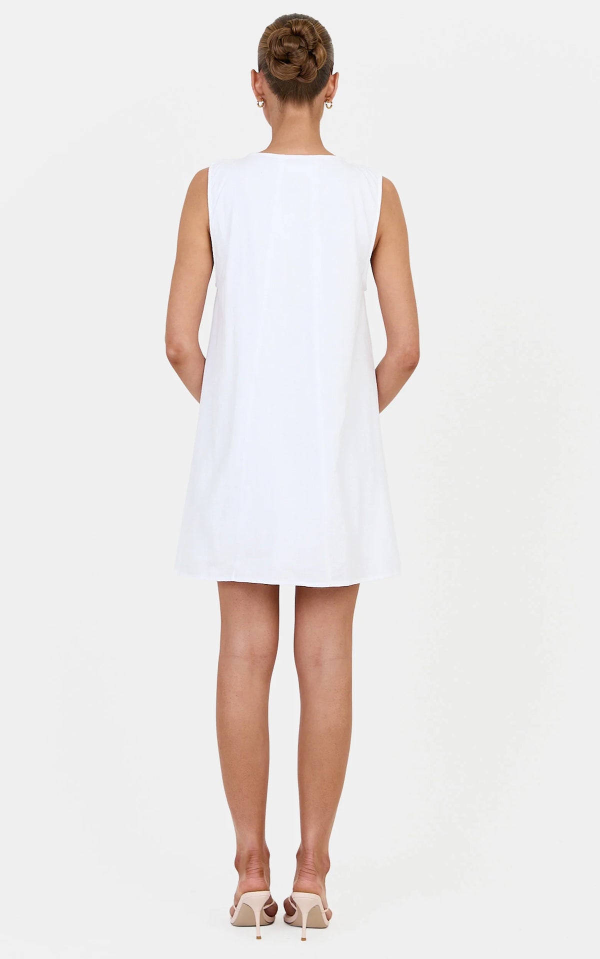 Lucinda Mini Dress - Deep U Gathered Neck Smock Dress in White