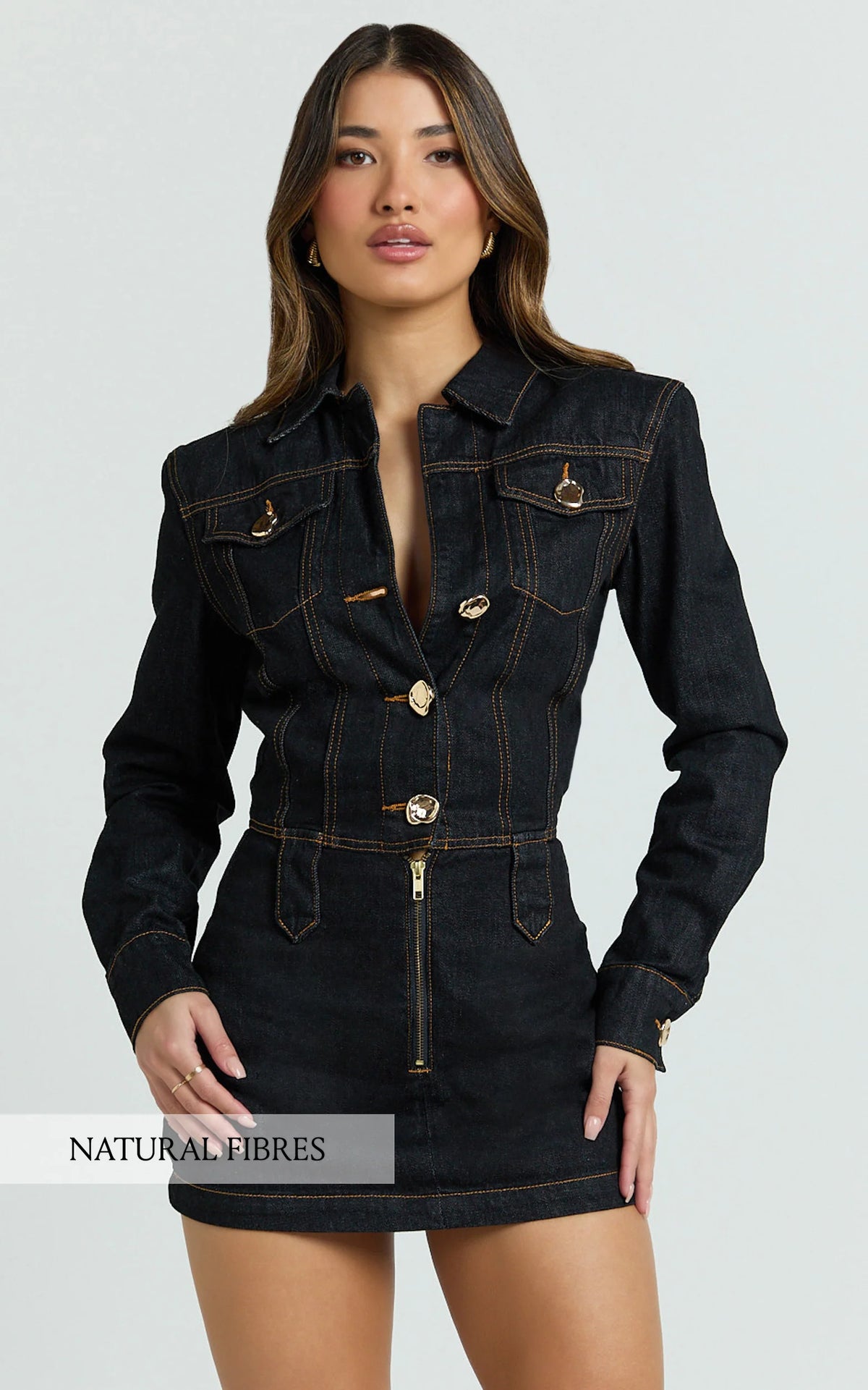 Fabia Mini Dress - Denim Hardware Button Front Fitted Shirt Dress in Dark Wash