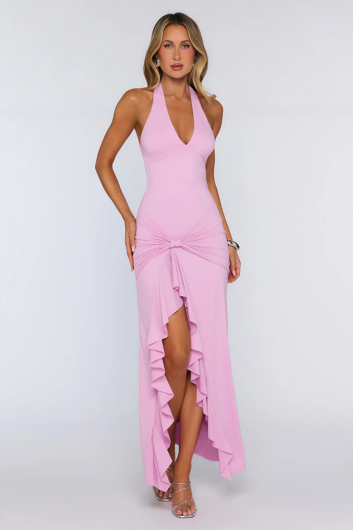 Modern Muse Halter Ruched Maxi Dress Lilac